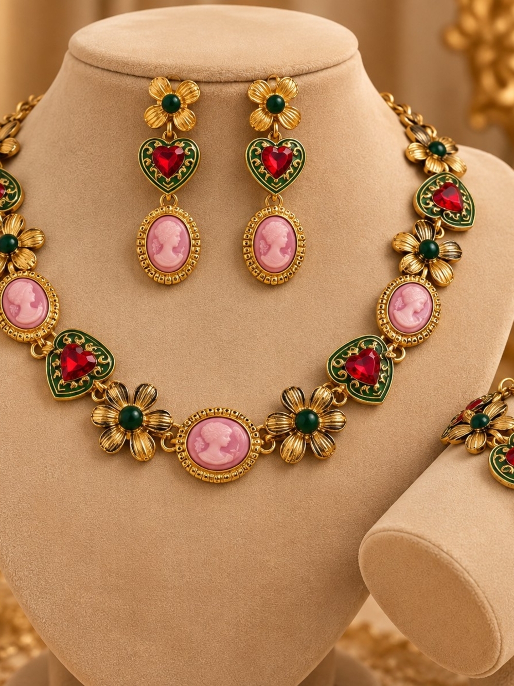 Dark Gold -Plated Pink Cameo & Green Heart Statement Necklace Set